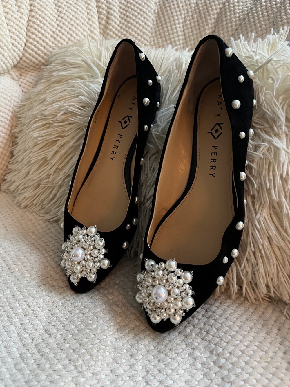 Katy Perry “The Lady” Black Pearl-Cluster Pointed Flats